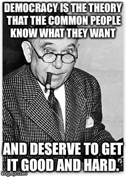 H.L. Mencken quote | DEMOCRACY IS THE THEORY THAT THE COMMON PEOPLE KNOW WHAT THEY WANT; AND DESERVE TO GET IT GOOD AND HARD. | image tagged in politics | made w/ Imgflip meme maker