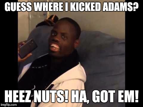 Welven Da Great | GUESS WHERE I KICKED ADAMS? HEEZ NUTS! HA, GOT EM! | image tagged in welven da great | made w/ Imgflip meme maker