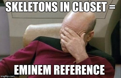 SKELETONS IN CLOSET = EMINEM REFERENCE | image tagged in memes,captain picard facepalm | made w/ Imgflip meme maker