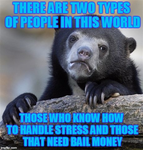 Confession Bear Meme | THERE ARE TWO TYPES OF PEOPLE IN THIS WORLD; THOSE WHO KNOW HOW TO HANDLE STRESS AND THOSE THAT NEED BAIL MONEY | image tagged in memes,confession bear | made w/ Imgflip meme maker
