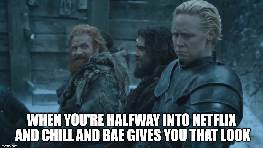 WHEN YOU'RE HALFWAY INTO NETFLIX AND CHILL AND BAE GIVES YOU THAT LOOK | image tagged in brienmund,got,game of thrones,netflix and chill | made w/ Imgflip meme maker