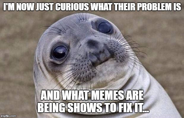 Awkward Moment Sealion Meme | I'M NOW JUST CURIOUS WHAT THEIR PROBLEM IS AND WHAT MEMES ARE BEING SHOWS TO FIX IT... | image tagged in memes,awkward moment sealion | made w/ Imgflip meme maker