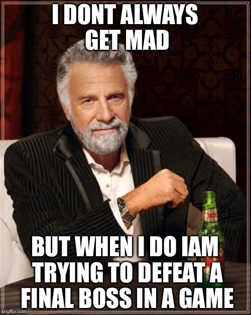 The Most Interesting Man In The World | I DONT ALWAYS GET MAD; BUT WHEN I DO IAM TRYING TO DEFEAT A FINAL BOSS IN A GAME | image tagged in memes,the most interesting man in the world | made w/ Imgflip meme maker