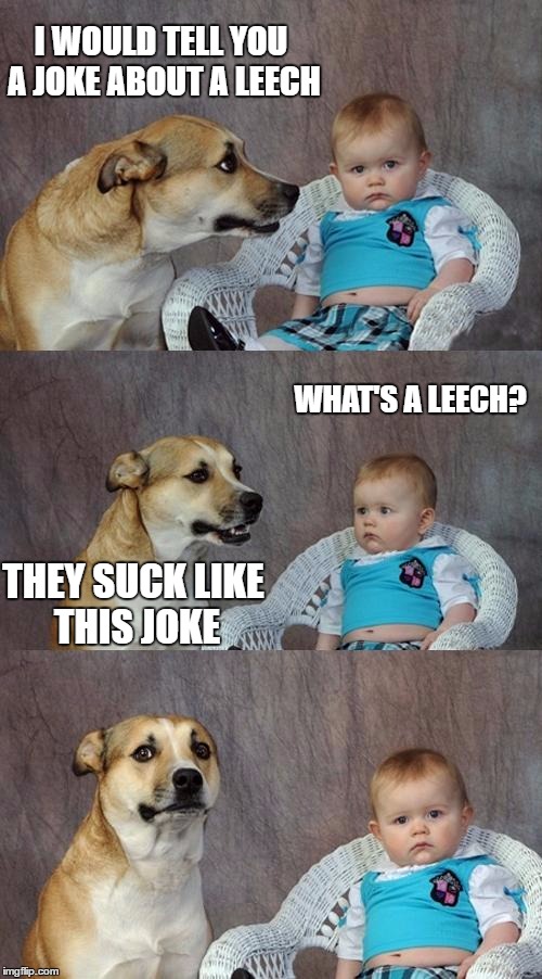 Dad Joke Dog | I WOULD TELL YOU A JOKE ABOUT A LEECH; WHAT'S A LEECH? THEY SUCK LIKE THIS JOKE | image tagged in memes,dad joke dog | made w/ Imgflip meme maker