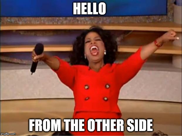 Oprah You Get A | HELLO; FROM THE OTHER SIDE | image tagged in memes,oprah you get a | made w/ Imgflip meme maker