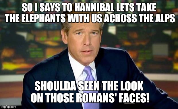 Brian Williams Was There | SO I SAYS TO HANNIBAL LETS TAKE THE ELEPHANTS WITH US ACROSS THE ALPS; SHOULDA SEEN THE LOOK ON THOSE ROMANS' FACES! | image tagged in memes,brian williams was there | made w/ Imgflip meme maker