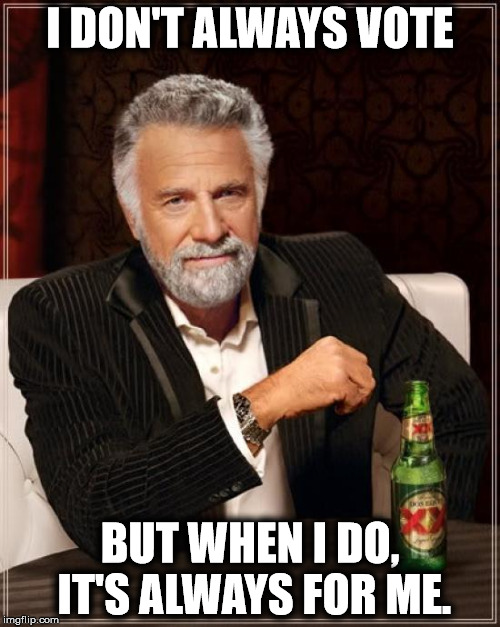 The Most Interesting Man In The World Meme | I DON'T ALWAYS VOTE; BUT WHEN I DO, IT'S ALWAYS FOR ME. | image tagged in memes,the most interesting man in the world | made w/ Imgflip meme maker