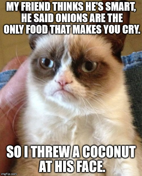 Grumpy Cat Meme | MY FRIEND THINKS HE'S SMART, HE SAID ONIONS ARE THE ONLY FOOD THAT MAKES YOU CRY. SO I THREW A COCONUT AT HIS FACE. | image tagged in memes,grumpy cat | made w/ Imgflip meme maker