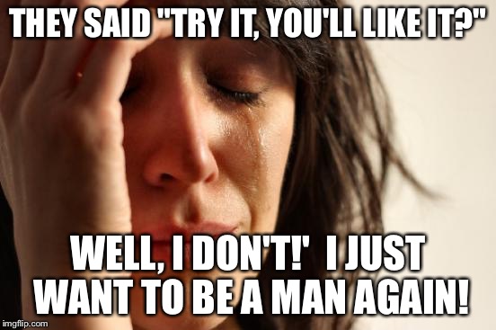 Buyers Remorse? | THEY SAID "TRY IT, YOU'LL LIKE IT?"; WELL, I DON'T!'  I JUST WANT TO BE A MAN AGAIN! | image tagged in memes,first world problems | made w/ Imgflip meme maker