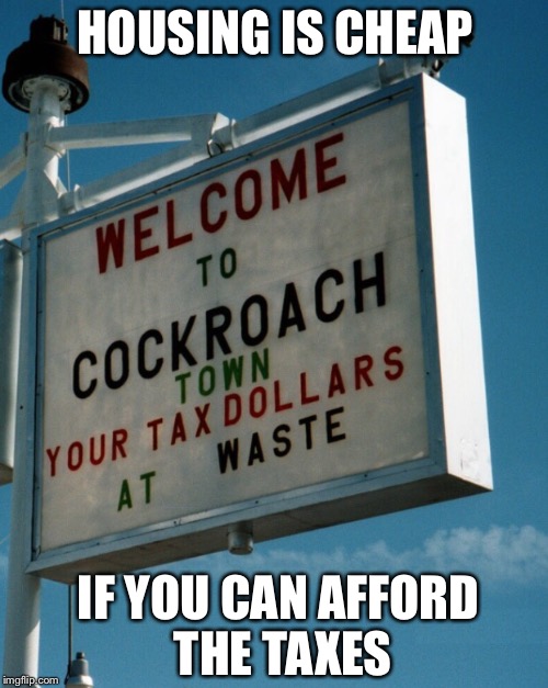 Gotta Make A Move To A Town That's Right For Me | HOUSING IS CHEAP; IF YOU CAN AFFORD THE TAXES | image tagged in cockroach | made w/ Imgflip meme maker