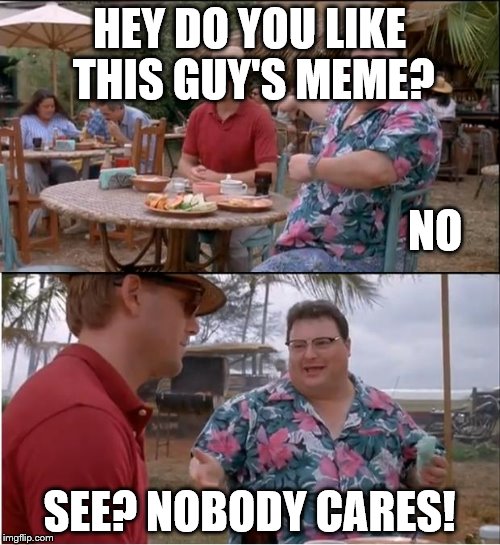 See Nobody Cares | HEY DO YOU LIKE THIS GUY'S MEME? NO; SEE? NOBODY CARES! | image tagged in memes,see nobody cares | made w/ Imgflip meme maker