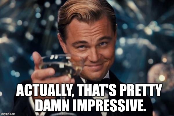 Leonardo Dicaprio Cheers Meme | ACTUALLY, THAT'S PRETTY DAMN IMPRESSIVE. | image tagged in memes,leonardo dicaprio cheers | made w/ Imgflip meme maker