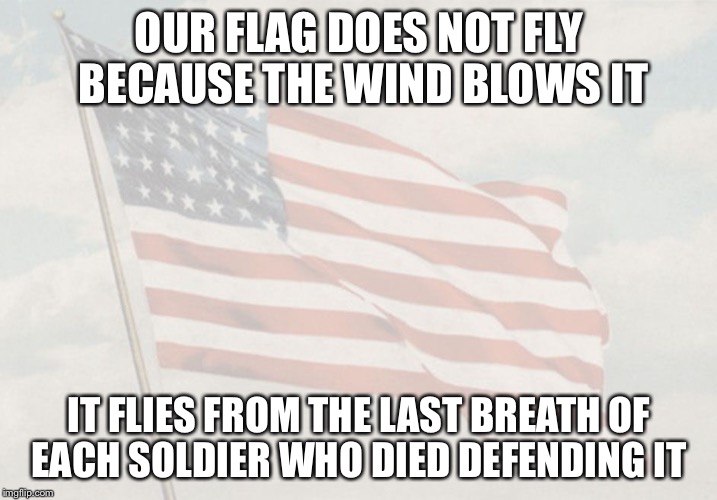 Patriotic | OUR FLAG DOES NOT FLY BECAUSE THE WIND BLOWS IT; IT FLIES FROM THE LAST BREATH OF EACH SOLDIER WHO DIED DEFENDING IT | image tagged in patriotic | made w/ Imgflip meme maker