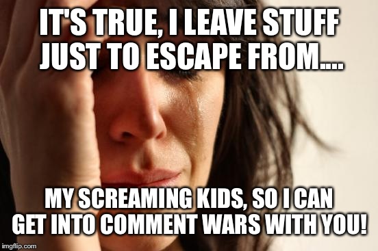 First World Problems Meme | IT'S TRUE, I LEAVE STUFF JUST TO ESCAPE FROM.... MY SCREAMING KIDS, SO I CAN GET INTO COMMENT WARS WITH YOU! | image tagged in memes,first world problems | made w/ Imgflip meme maker