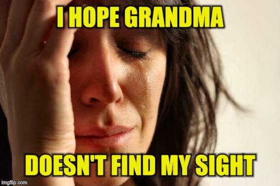 First World Problems Meme | I HOPE GRANDMA DOESN'T FIND MY SIGHT | image tagged in memes,first world problems | made w/ Imgflip meme maker