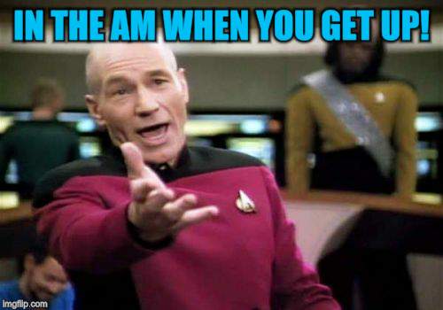 Picard Wtf Meme | IN THE AM WHEN YOU GET UP! | image tagged in memes,picard wtf | made w/ Imgflip meme maker