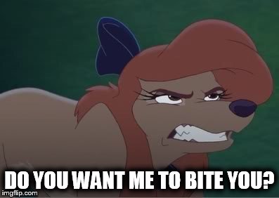 Do You Want Me To Bite You? | DO YOU WANT ME TO BITE YOU? | image tagged in dixie annoyed,memes,disney,the fox and the hound 2,reba mcentire,dog | made w/ Imgflip meme maker