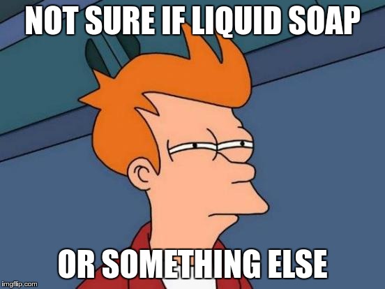 Futurama Fry Meme | NOT SURE IF LIQUID SOAP OR SOMETHING ELSE | image tagged in memes,futurama fry | made w/ Imgflip meme maker