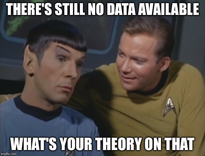 Spock and Kirk | THERE'S STILL NO DATA AVAILABLE WHAT'S YOUR THEORY ON THAT | image tagged in spock and kirk | made w/ Imgflip meme maker
