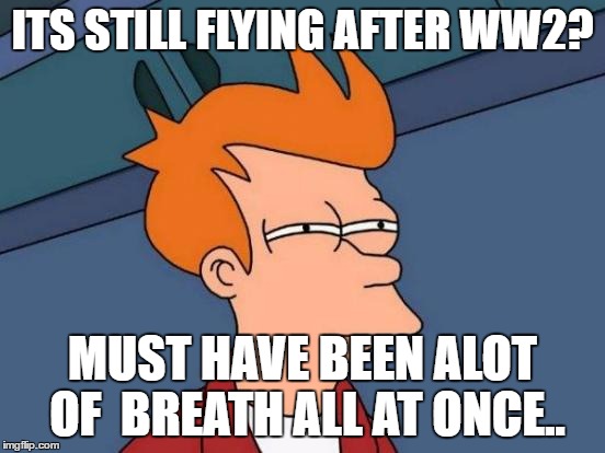 Futurama Fry Meme | ITS STILL FLYING AFTER WW2? MUST HAVE BEEN ALOT OF  BREATH ALL AT ONCE.. | image tagged in memes,futurama fry | made w/ Imgflip meme maker