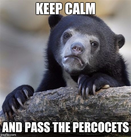 Confession Bear | KEEP CALM; AND PASS THE PERCOCETS | image tagged in memes,confession bear | made w/ Imgflip meme maker