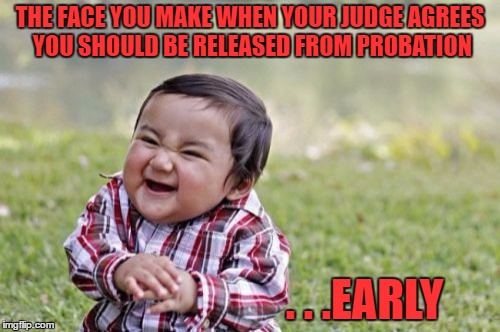 Evil Toddler | THE FACE YOU MAKE WHEN YOUR JUDGE AGREES YOU SHOULD BE RELEASED FROM PROBATION; . . .EARLY | image tagged in memes,evil toddler | made w/ Imgflip meme maker