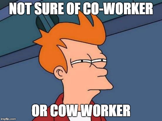 NOT SURE OF CO-WORKER OR COW WORKER | image tagged in memes,futurama fry | made w/ Imgflip meme maker