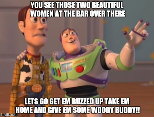 X, X Everywhere | YOU SEE THOSE TWO BEAUTIFUL WOMEN AT THE BAR OVER THERE; LETS GO GET EM BUZZED UP TAKE EM HOME AND GIVE EM SOME WOODY BUDDY!! | image tagged in funny,lol,lmao,toy story,humor,x x everywhere | made w/ Imgflip meme maker