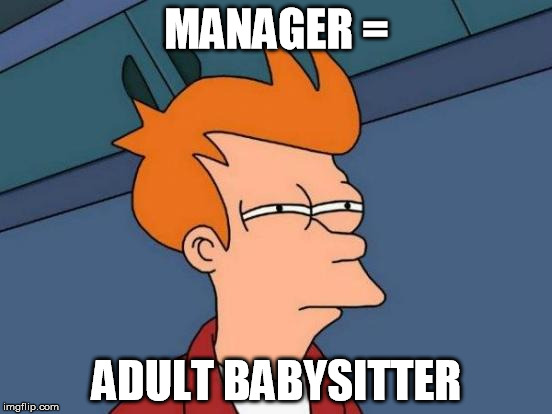 Futurama Fry Meme | MANAGER =; ADULT BABYSITTER | image tagged in memes,futurama fry | made w/ Imgflip meme maker