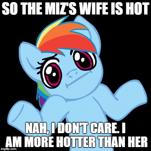 Pony Shrugs | SO THE MIZ'S WIFE IS HOT; NAH, I DON'T CARE. I AM MORE HOTTER THAN HER | image tagged in memes,pony shrugs | made w/ Imgflip meme maker