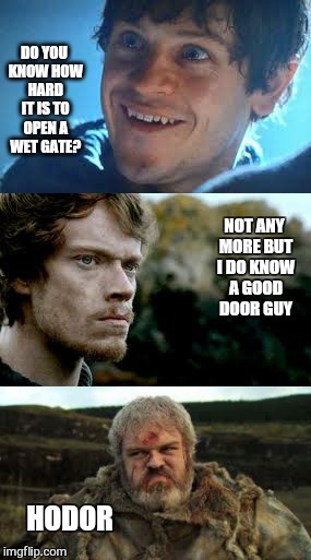 what a prick | DO YOU KNOW HOW HARD IT IS TO OPEN A WET GATE? NOT ANY MORE BUT I DO KNOW A GOOD DOOR GUY; HODOR | image tagged in memes,hodor,game of thrones,door | made w/ Imgflip meme maker