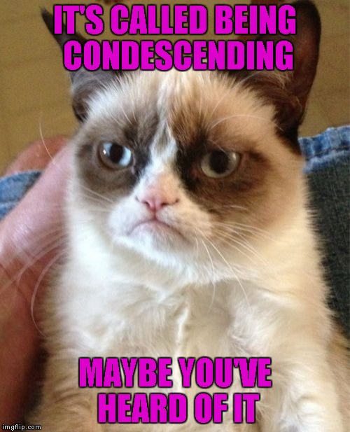 Grumpy Cat Meme | IT'S CALLED BEING CONDESCENDING; MAYBE YOU'VE HEARD OF IT | image tagged in memes,grumpy cat | made w/ Imgflip meme maker