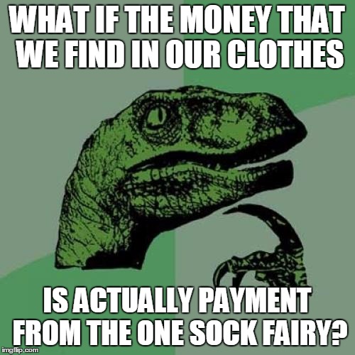 Philosoraptor | WHAT IF THE MONEY THAT WE FIND IN OUR CLOTHES; IS ACTUALLY PAYMENT FROM THE ONE SOCK FAIRY? | image tagged in memes,philosoraptor | made w/ Imgflip meme maker