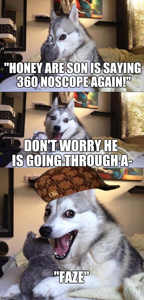 Bad Pun Dog Meme | "HONEY ARE SON IS SAYING 360 NOSCOPE AGAIN!"; DON'T WORRY HE IS GOING THROUGH A-; "FAZE" | image tagged in memes,bad pun dog,scumbag | made w/ Imgflip meme maker