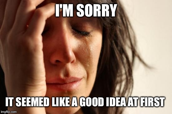 First World Problems Meme | I'M SORRY IT SEEMED LIKE A GOOD IDEA AT FIRST | image tagged in memes,first world problems | made w/ Imgflip meme maker