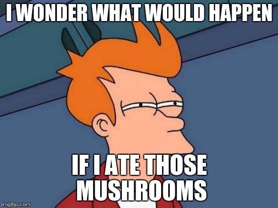 Futurama Fry Meme | I WONDER WHAT WOULD HAPPEN; IF I ATE THOSE MUSHROOMS | image tagged in memes,futurama fry | made w/ Imgflip meme maker