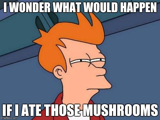 Futurama Fry | I WONDER WHAT WOULD HAPPEN; IF I ATE THOSE MUSHROOMS | image tagged in memes,futurama fry | made w/ Imgflip meme maker