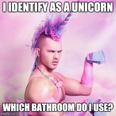Unicorn MAN | I IDENTIFY AS A UNICORN; WHICH BATHROOM DO I USE? | image tagged in memes,unicorn man | made w/ Imgflip meme maker
