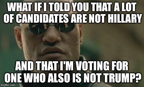 Never Trump or Hillary | WHAT IF I TOLD YOU THAT A LOT OF CANDIDATES ARE NOT HILLARY; AND THAT I'M VOTING FOR ONE WHO ALSO IS NOT TRUMP? | image tagged in memes,matrix morpheus,donald trump,hillary clinton | made w/ Imgflip meme maker