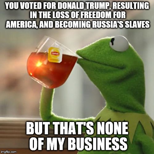 But That's None Of My Business | YOU VOTED FOR DONALD TRUMP, RESULTING IN THE LOSS OF FREEDOM FOR AMERICA, AND BECOMING RUSSIA'S SLAVES; BUT THAT'S NONE OF MY BUSINESS | image tagged in memes,but thats none of my business,kermit the frog | made w/ Imgflip meme maker