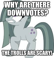 Marble Pie scared | WHY ARE THERE DOWNVOTES? THE TROLLS ARE SCARY! | image tagged in marble pie scared | made w/ Imgflip meme maker