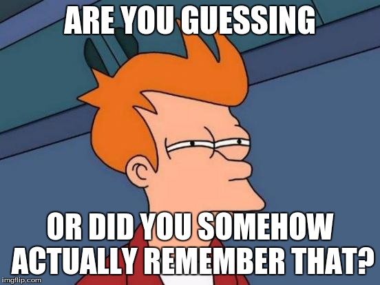 Futurama Fry Meme | ARE YOU GUESSING OR DID YOU SOMEHOW ACTUALLY REMEMBER THAT? | image tagged in memes,futurama fry | made w/ Imgflip meme maker