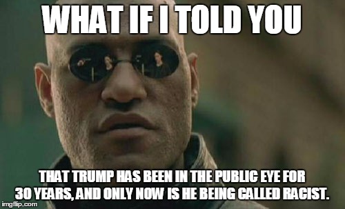 Matrix Morpheus Meme | WHAT IF I TOLD YOU THAT TRUMP HAS BEEN IN THE PUBLIC EYE FOR 30 YEARS, AND ONLY NOW IS HE BEING CALLED RACIST. | image tagged in memes,matrix morpheus | made w/ Imgflip meme maker