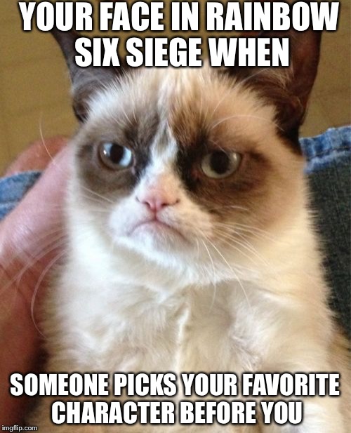 Grumpy Cat | YOUR FACE IN RAINBOW SIX SIEGE WHEN; SOMEONE PICKS YOUR FAVORITE CHARACTER BEFORE YOU | image tagged in memes,grumpy cat | made w/ Imgflip meme maker