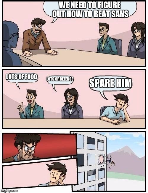My friend made me spare him | WE NEED TO FIGURE OUT HOW TO BEAT SANS; LOTS OF FOOD; LOTS OF DEFENSE; SPARE HIM | image tagged in memes,boardroom meeting suggestion,undertale,sans undertale | made w/ Imgflip meme maker