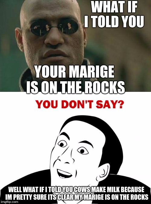me | WHAT IF I TOLD YOU; YOUR MARIGE IS ON THE ROCKS; WELL WHAT IF I TOLD YOU COWS MAKE MILK BECAUSE IM PRETTY SURE ITS CLEAR MY MARIGE IS ON THE ROCKS | image tagged in funny,memes,you don't say,what if i told you,glasses,sunglasses | made w/ Imgflip meme maker