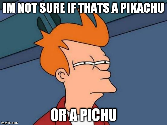 Futurama Fry | IM NOT SURE IF THATS A PIKACHU; OR A PICHU | image tagged in memes,futurama fry | made w/ Imgflip meme maker