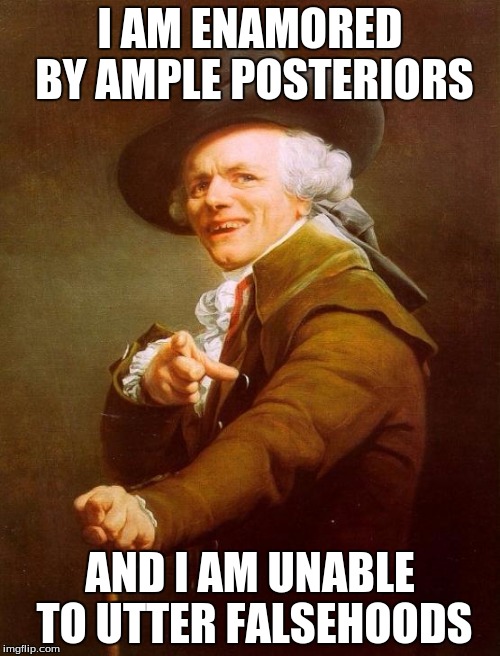 Joseph Ducreux Meme | I AM ENAMORED BY AMPLE POSTERIORS; AND I AM UNABLE TO UTTER FALSEHOODS | image tagged in memes,joseph ducreux | made w/ Imgflip meme maker