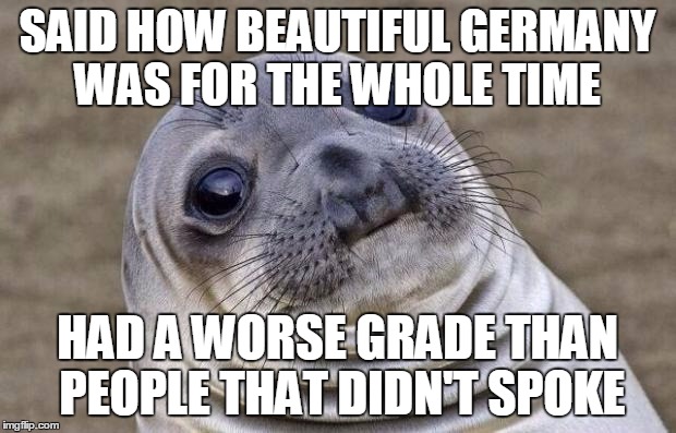 Had a debate in german class about pro and cons of germany... I think professor fought I was sarcastic so gave me worse grade... | SAID HOW BEAUTIFUL GERMANY WAS FOR THE WHOLE TIME; HAD A WORSE GRADE THAN PEOPLE THAT DIDN'T SPOKE | image tagged in memes,awkward moment sealion | made w/ Imgflip meme maker