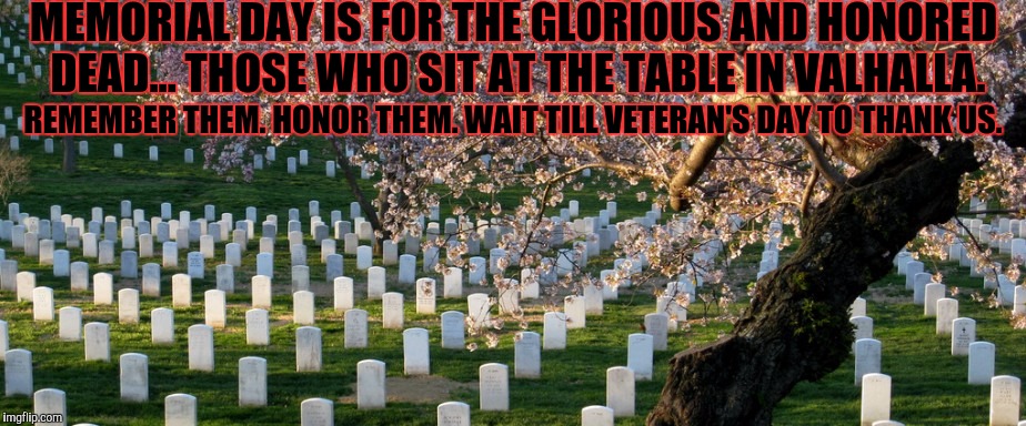 Hail! The glorious and victorious dead! We honor you! | MEMORIAL DAY IS FOR THE GLORIOUS AND HONORED DEAD... THOSE WHO SIT AT THE TABLE IN VALHALLA. REMEMBER THEM. HONOR THEM. WAIT TILL VETERAN'S DAY TO THANK US. | image tagged in memorial day,memes | made w/ Imgflip meme maker